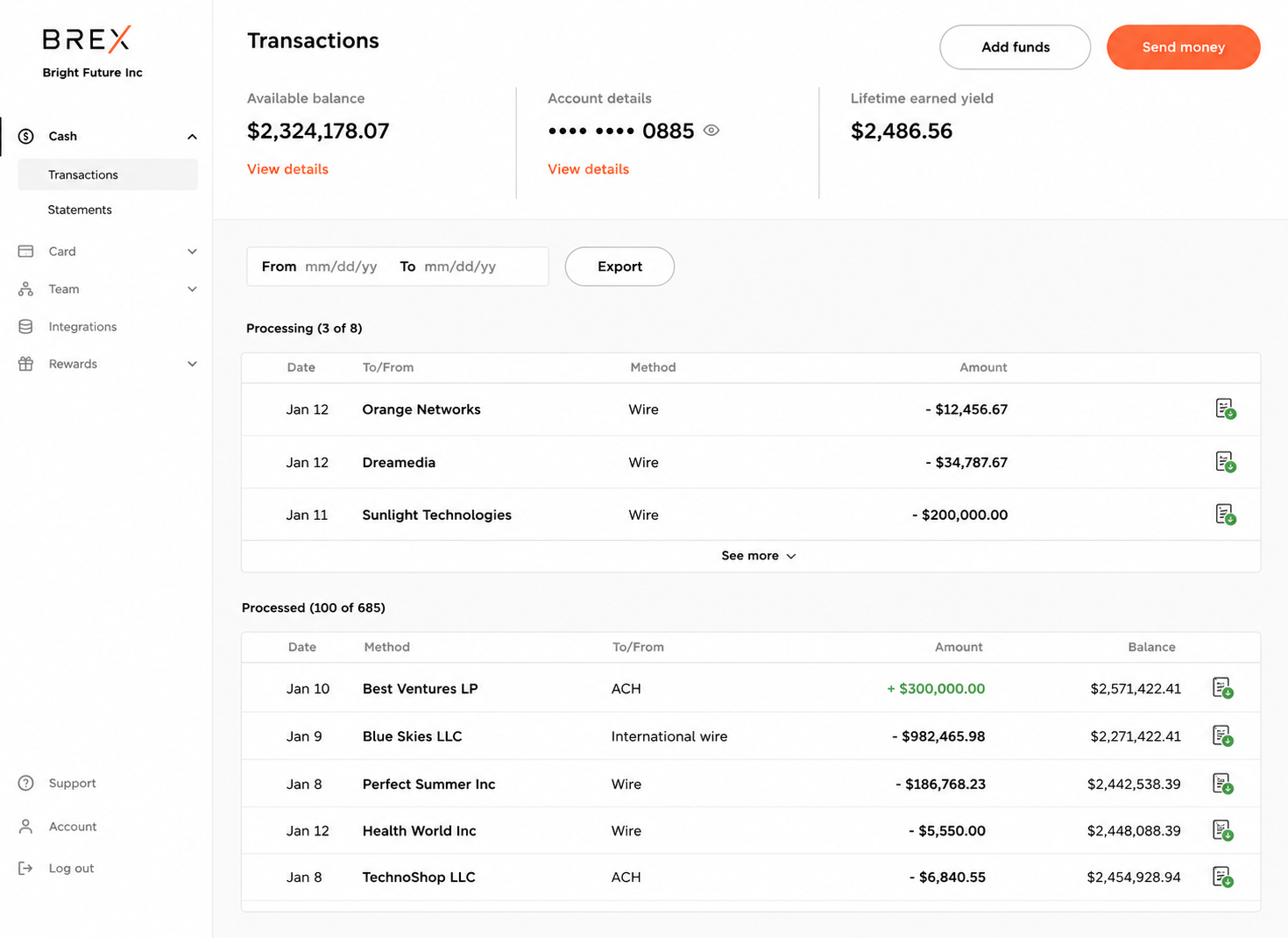 Brex transactions dashboard — account balance, lifetime earned yield, and wire transactions moving from processing to processed.