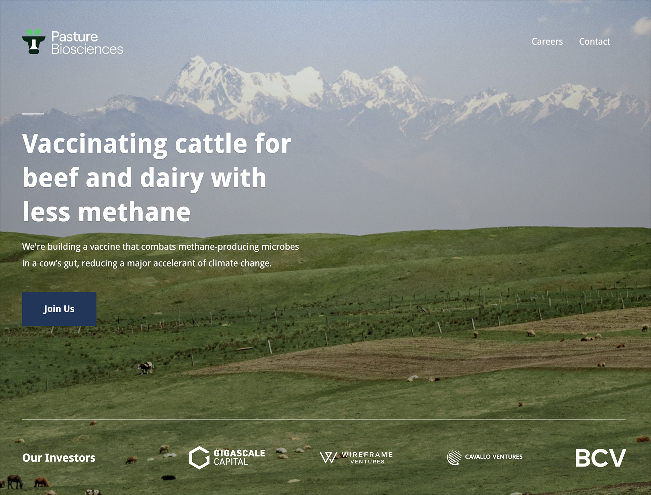 Pasture Biosciences website — “Vaccinating cattle for beef and dairy with less methane,” over an alpine pasture.