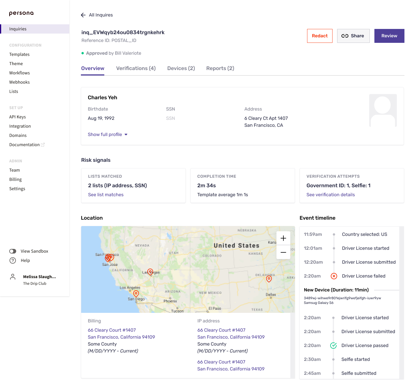 Persona inquiry review — an identity verification dashboard with applicant details, risk signals, a location map, and a verification event timeline.
