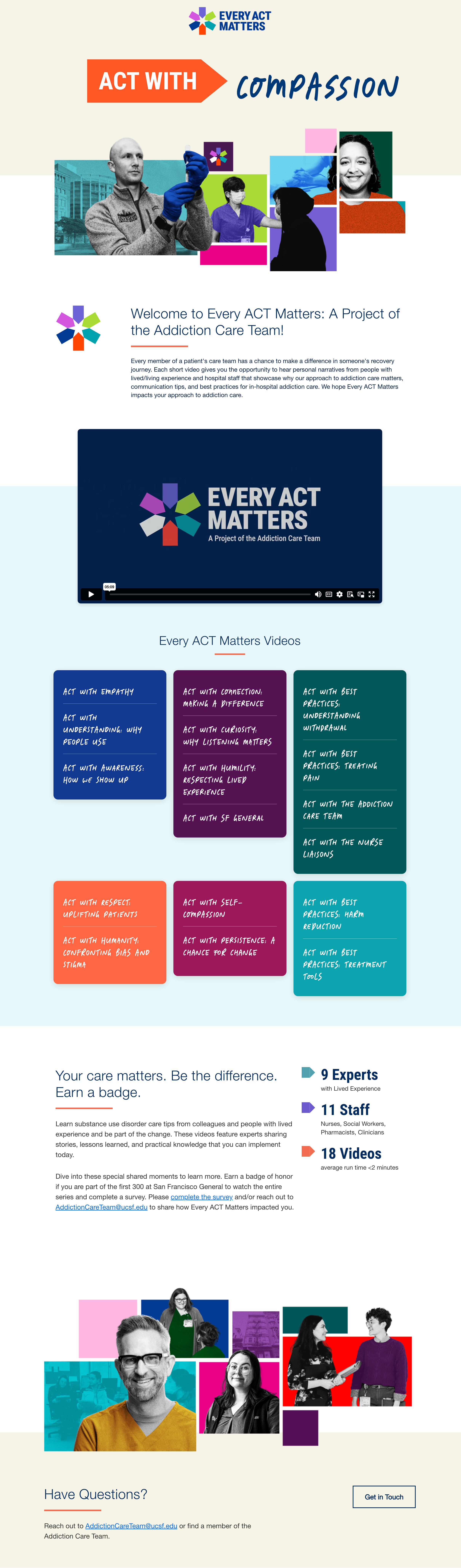 The “Every ACT Matters” campaign page — “Act with Compassion” — with videos and badges.